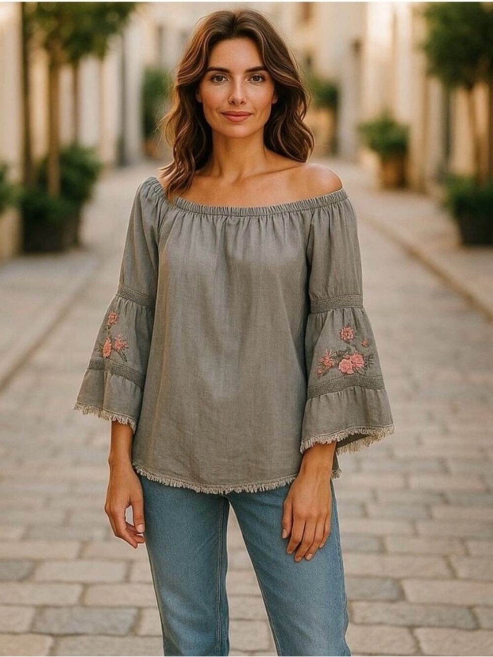 Standard Grace Boho Embroidered Off-Shoulder Gray Cold Shoulder Top, Size XL
